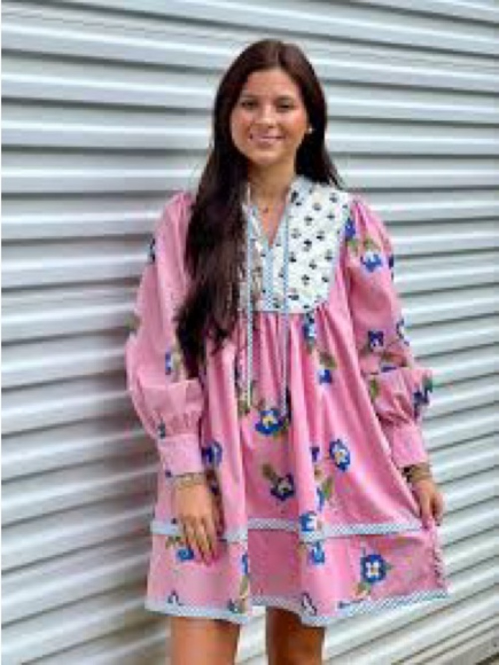 entro L Pink Floral Peasant boho Tunic dress Contrast Bib 100% cotton w lining